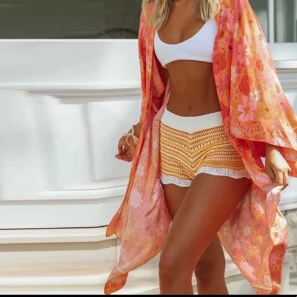 SOLD OUT Orange Boho Floral Retro Kimono Coverup Beach Wrap - Picture 4 of 8